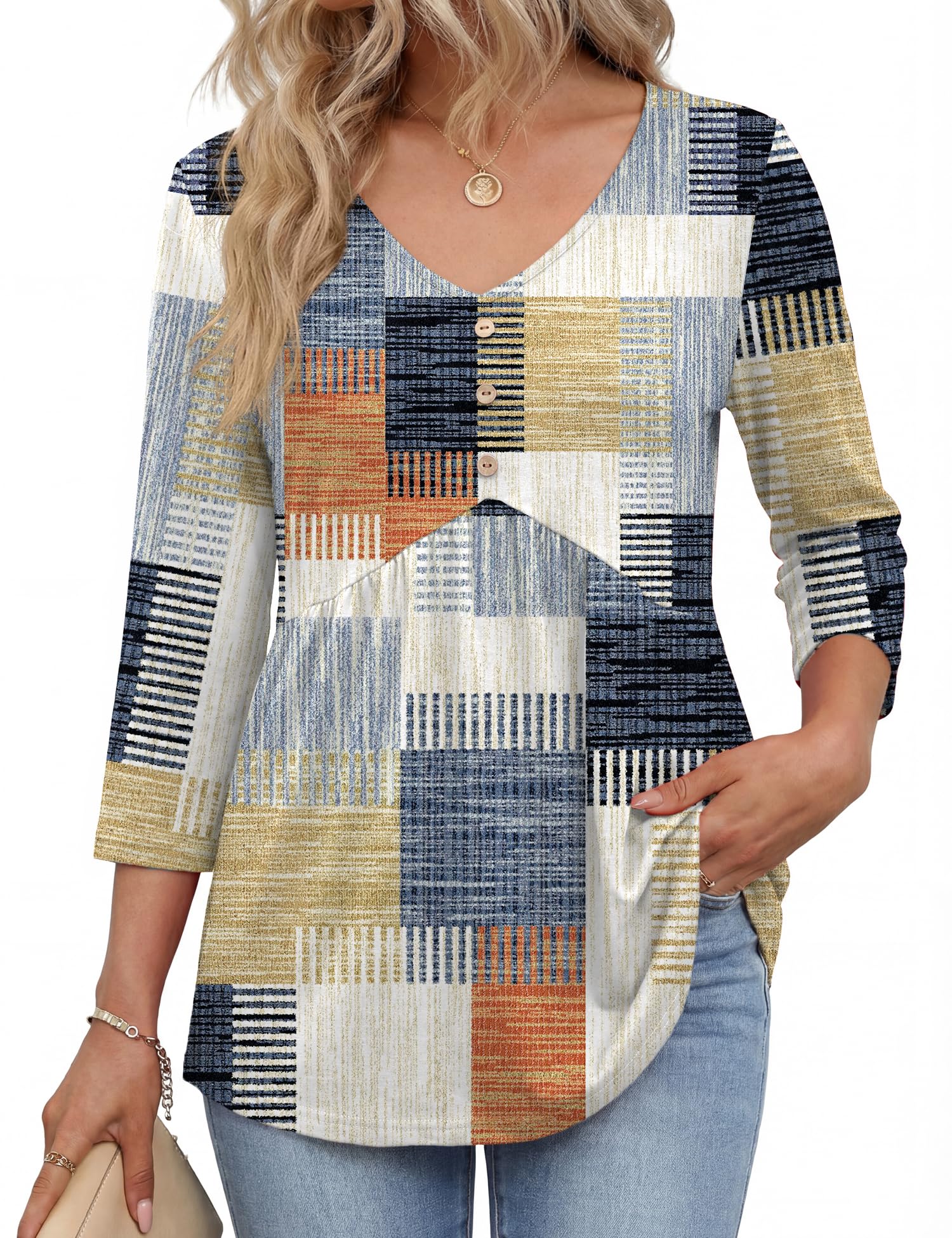 Rapbin 3/4 Sleeve Tops for Women UK V Neck Babydoll Top Button Down Blouse Ladies Casual Tunic Elegant Tees