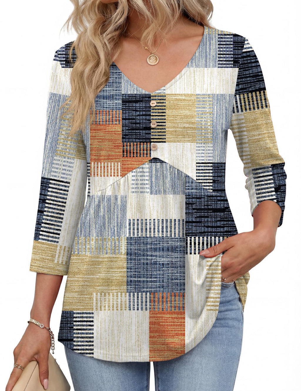 Rapbin 3/4 Sleeve Tops for Women UK V Neck Babydoll Top Button Down Blouse Ladies Casual Tunic Elegant Tees