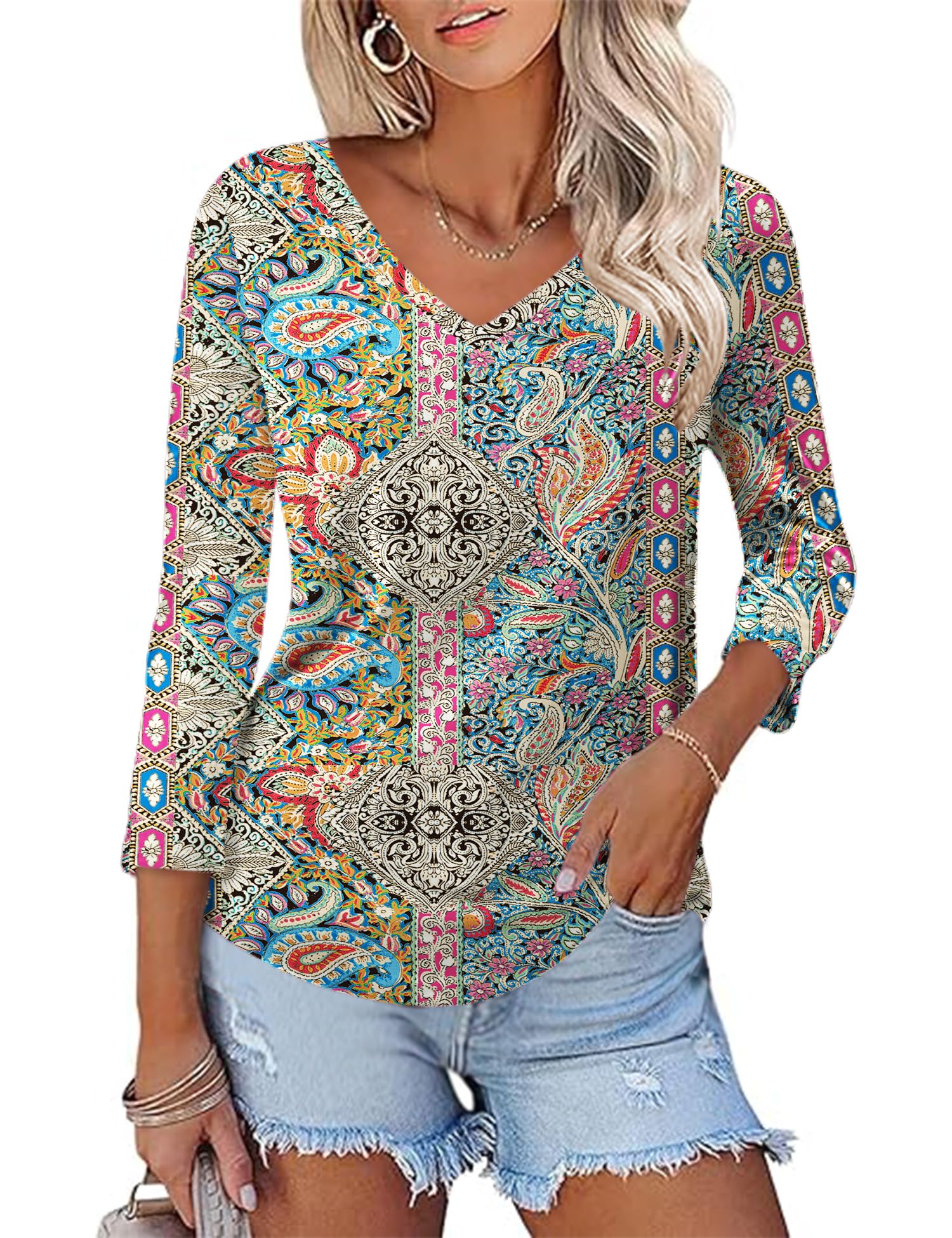 Rapbin Women Blouses 3/4 Length Sleeve V Neck Tunic Tops for Ladies Casual Loose Fit 2026 Summer Floral Elegant Shirts
