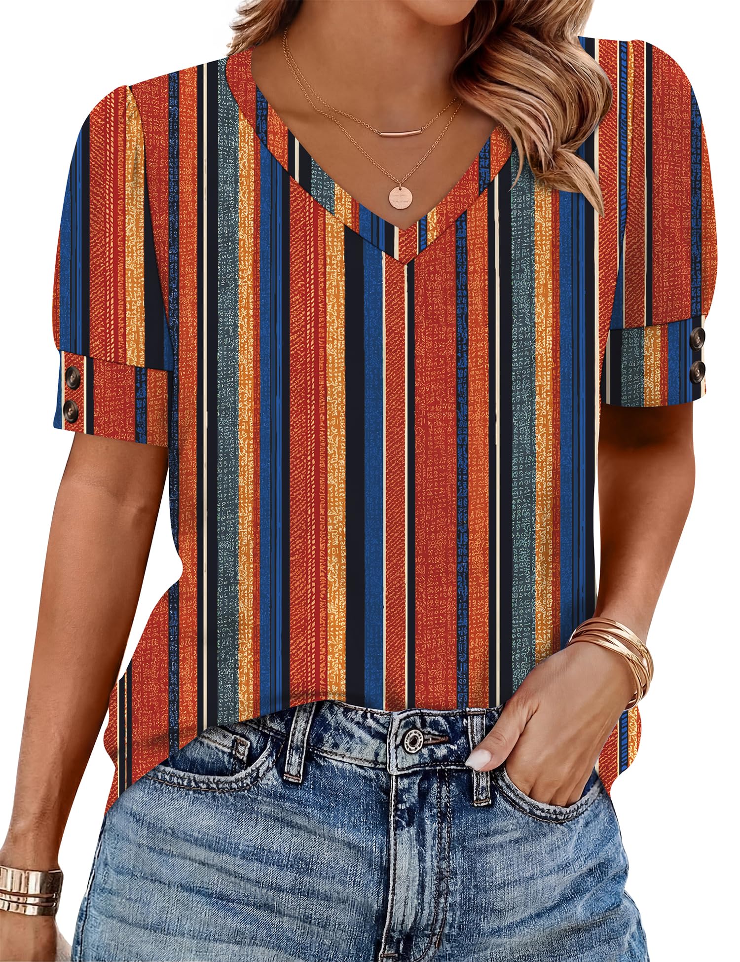 Rapbin Womens Short Sleeve Tops Buttons V Neck Ladies Blouse Fashion Dressy Shirts Loose Summer Outfits